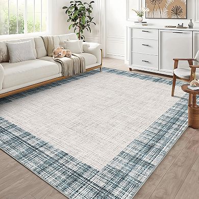 Bordered Machine Washable Rug with Non Slip TPR Backing Low Pile Non Shedding Carpet