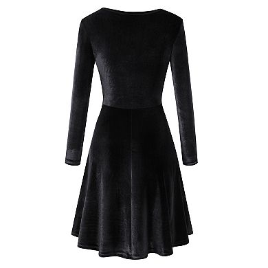 Women's Velvet Dress Long Sleeve Cocktail Christmas Club Dresses Flare Swing Mini Prom Dress