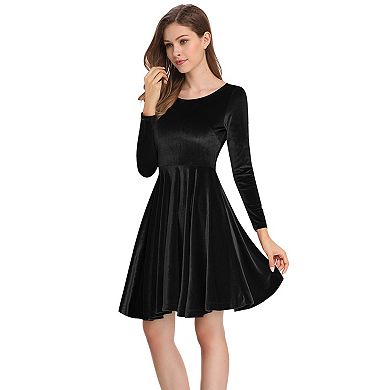 Women's Velvet Dress Long Sleeve Cocktail Christmas Club Dresses Flare Swing Mini Prom Dress
