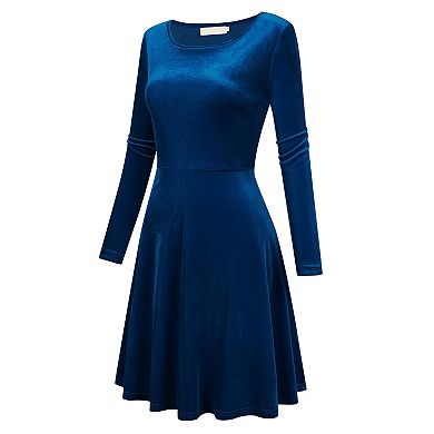 Women's Velvet Dress Long Sleeve Cocktail Christmas Club Dresses Flare Swing Mini Prom Dress