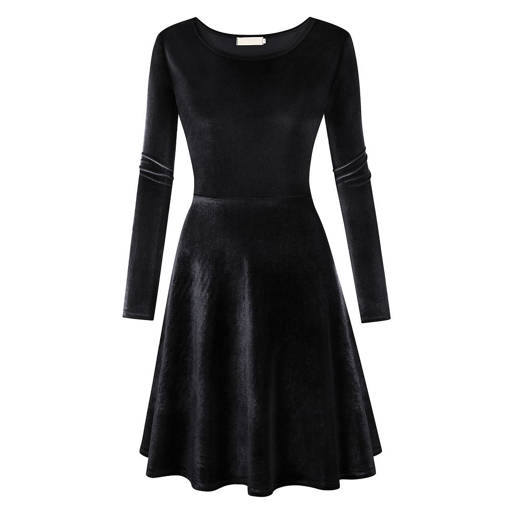 Women's Velvet Dress Long Sleeve Cocktail Christmas Club Dresses Flare Swing Mini Prom Dress