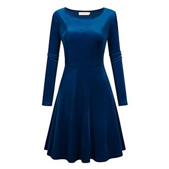 Women's Velvet Dress Long Sleeve Cocktail Christmas Club Dresses Flare Swing Mini Prom Dress