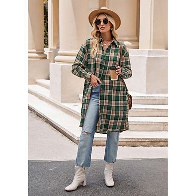 Oversized Mid Long Plaid Flannel Shirts for Women Lapel Long Sleeve Check Blouse with Pockets