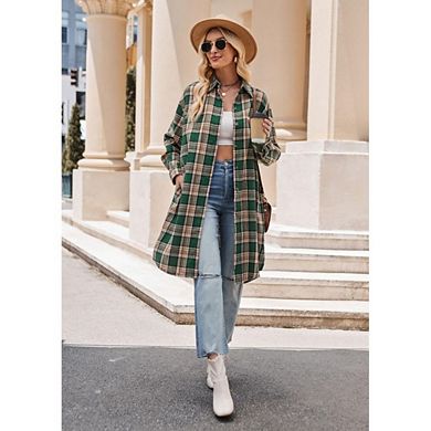 Oversized Mid Long Plaid Flannel Shirts for Women Lapel Long Sleeve Check Blouse with Pockets