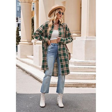 Oversized Mid Long Plaid Flannel Shirts for Women Lapel Long Sleeve Check Blouse with Pockets