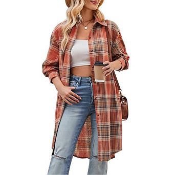 Oversized Mid Long Plaid Flannel Shirts for Women Lapel Long Sleeve Check Blouse with Pockets
