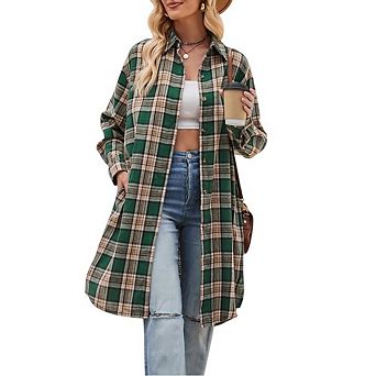 Oversized Mid Long Plaid Flannel Shirts for Women Lapel Long Sleeve Check Blouse with Pockets