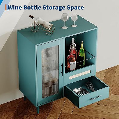 Modern Wine Bar Cabinet with Wine Glass Rack, Glass Door Display and Drawers Sideboard Table