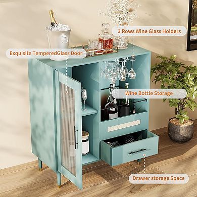 Modern Wine Bar Cabinet with Wine Glass Rack, Glass Door Display and Drawers Sideboard Table