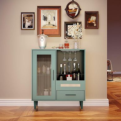 Modern Wine Bar Cabinet with Wine Glass Rack, Glass Door Display and Drawers Sideboard Table