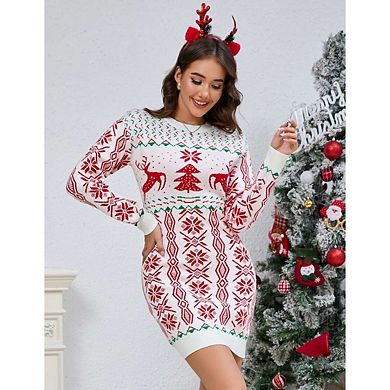 Christmas Women's Sweater Ugly Round Neck Long Sleeve Slim Mini Dress
