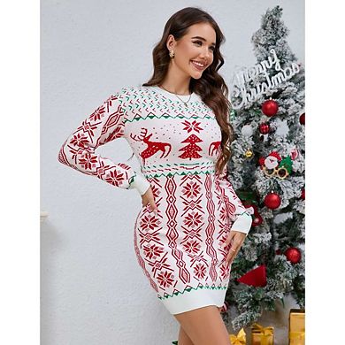 Christmas Women's Sweater Ugly Round Neck Long Sleeve Slim Mini Dress