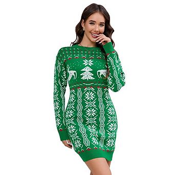 Christmas Women's Sweater Ugly Round Neck Long Sleeve Slim Mini Dress