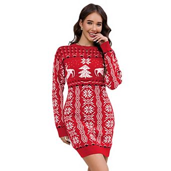 Christmas Women's Sweater Ugly Round Neck Long Sleeve Slim Mini Dress