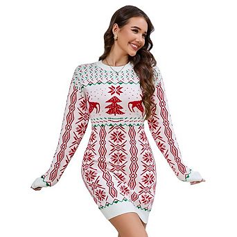 Christmas Women's Sweater Ugly Round Neck Long Sleeve Slim Mini Dress