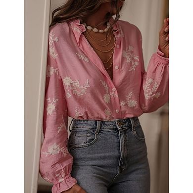 Women Boho Floral Long Sleeve Flowy Blouse Button Down Shirts Vintage Aesthetic Shirts Going Out Top