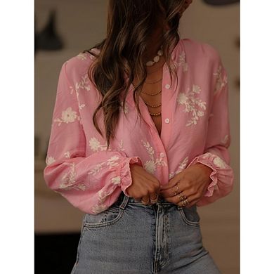 Women Boho Floral Long Sleeve Flowy Blouse Button Down Shirts Vintage Aesthetic Shirts Going Out Top
