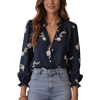 Women Boho Floral Long Sleeve Flowy Blouse Button Down Shirts Vintage Aesthetic Shirts Going Out Top