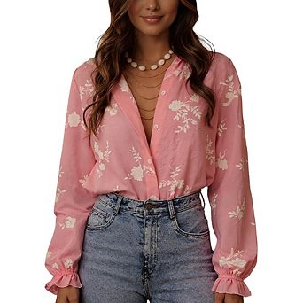 Women Boho Floral Long Sleeve Flowy Blouse Button Down Shirts Vintage Aesthetic Shirts Going Out Top