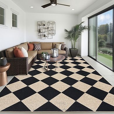 Washable Easy Jute Rugs Modern Checkerboard Indoor Outdoor Carpet, Non Shedding Diamond Floor Mat