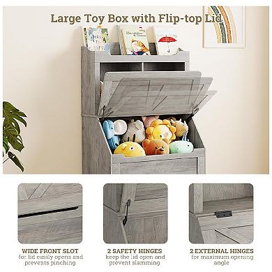 Wooden Kids Bookshelf, Toy Storage with Flip Lid and Cubbies, Toy Organizer for Playroom