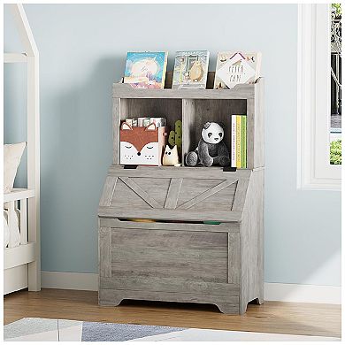 Wooden Kids Bookshelf, Toy Storage with Flip Lid and Cubbies, Toy Organizer for Playroom