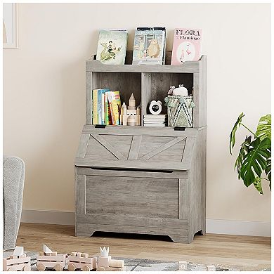 Wooden Kids Bookshelf, Toy Storage with Flip Lid and Cubbies, Toy Organizer for Playroom