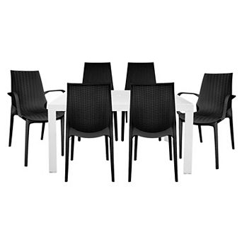 Leisuremod Kent Modern 7 pc Rectangular Outdoor Dining Set With 4 Side Chairs And 2 Armchairs