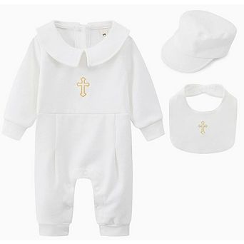 Baby Boys Embroidered Cross After Baptism Outfit Set with Bib and Hat