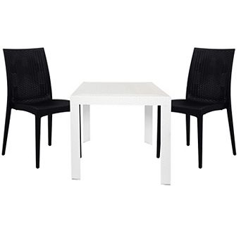 Leisuremod Mace 3 pc Outdoor Dining Set With Plastic Square Table And 2 Stackable Chairs