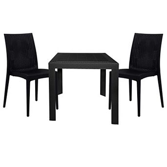 Leisuremod Mace 3 pc Outdoor Dining Set With Plastic Square Table And 2 Stackable Chairs