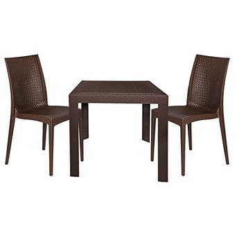 Leisuremod Mace 3 pc Outdoor Dining Set With Plastic Square Table And 2 Stackable Chairs