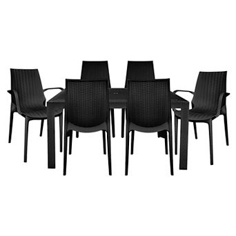 Leisuremod Kent Modern 7 pc Rectangular Outdoor Dining Set With 4 Side Chairs And 2 Armchairs