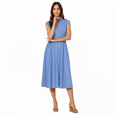 Women's Sleeveless Zip-Front Midi Dress with Shirred Waist and Flared Skirt
