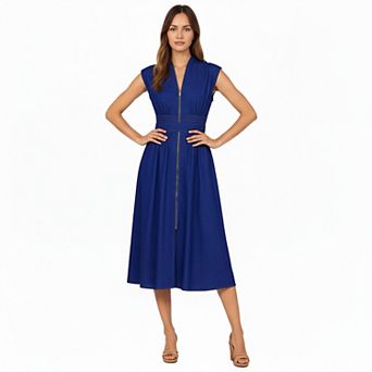 Women's Sleeveless Zip-Front Midi Dress with Shirred Waist and Flared Skirt