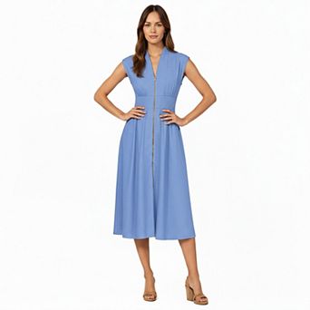 Women's Sleeveless Zip-Front Midi Dress with Shirred Waist and Flared Skirt