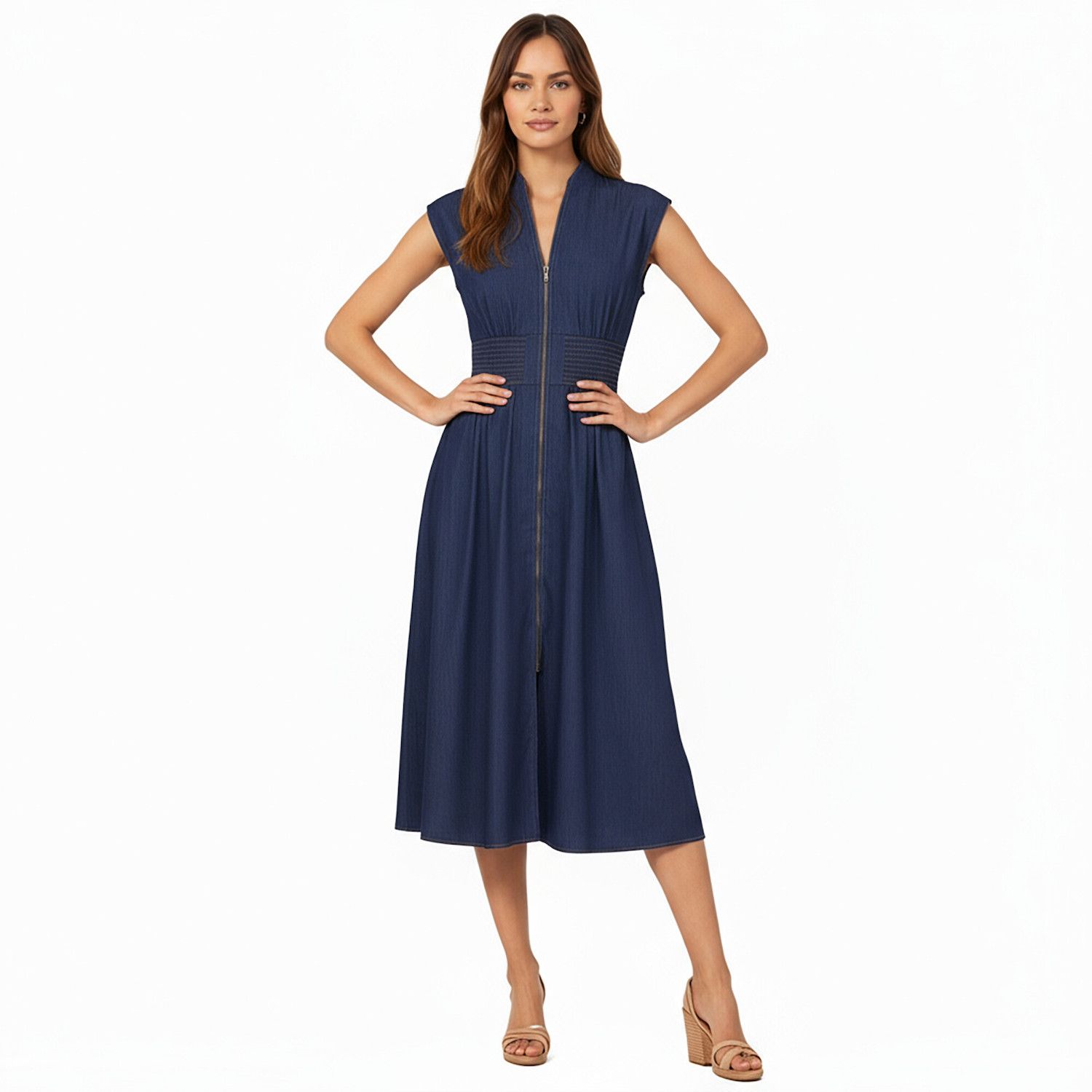Женские платья Sleeveless Zip-Front Midi Dress with Shirred Waist and Flared Skirt
