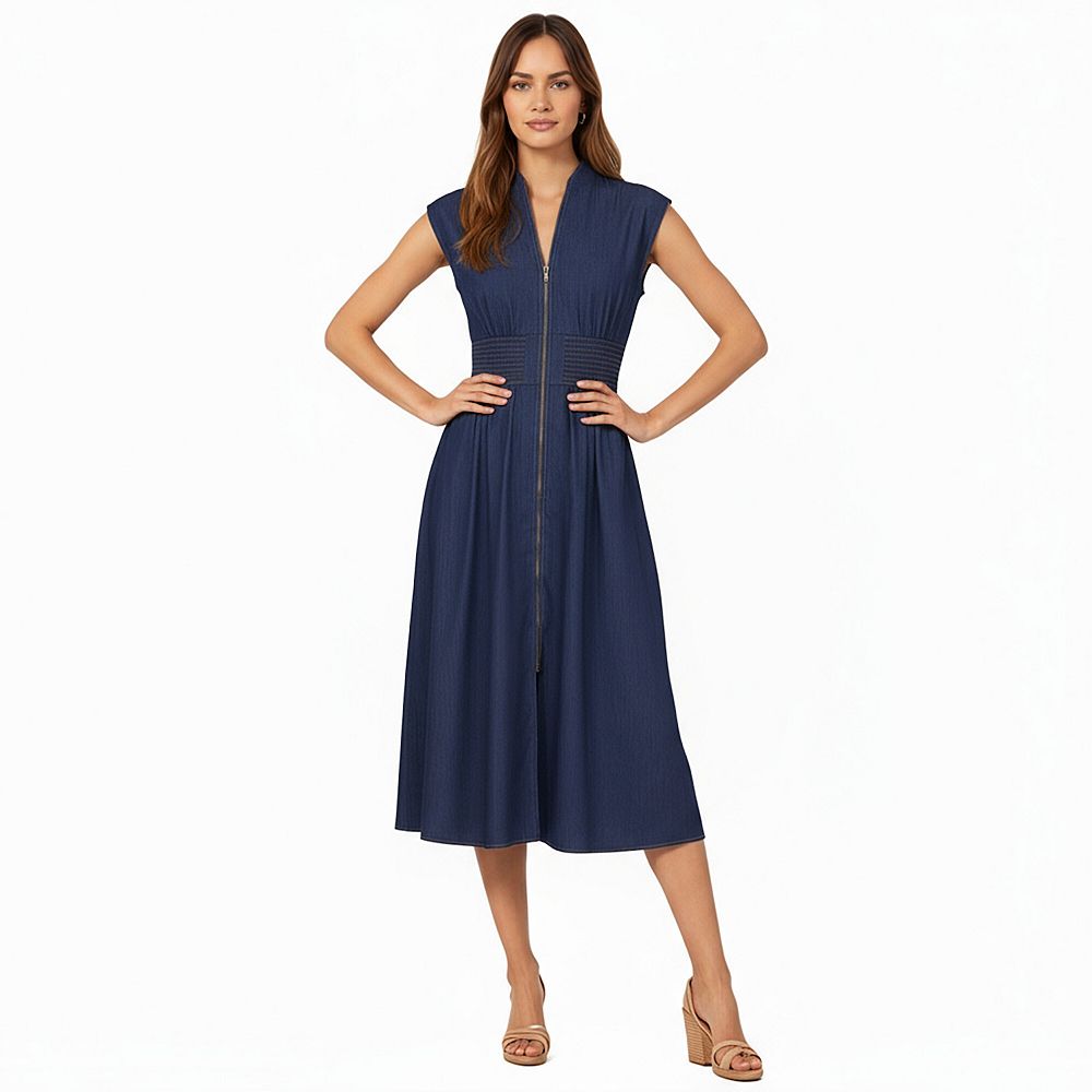 Women's Sleeveless Zip-Front Midi Dress with Shirred Waist and