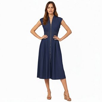 Women's Sleeveless Zip-Front Midi Dress with Shirred Waist and Flared Skirt