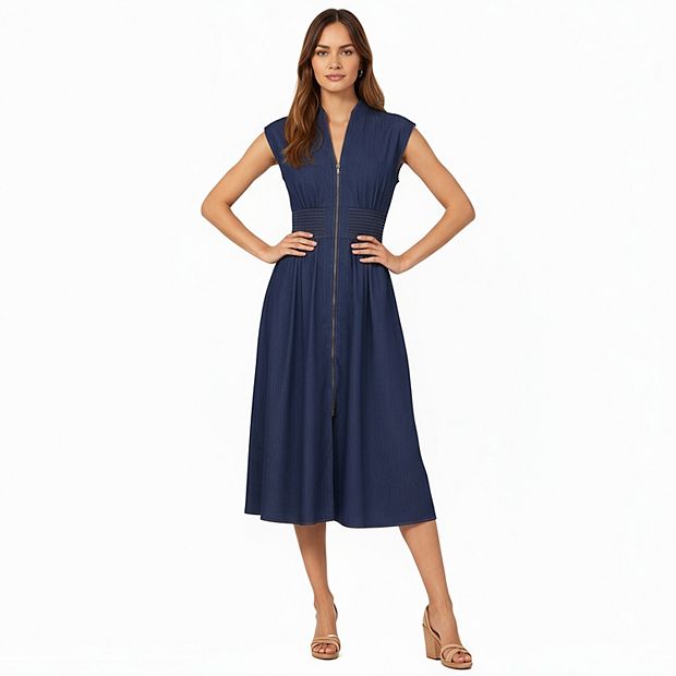 Anna-Kaci Women's Sleeveless Zip-Front Midi Dress with Shirred Waist and Flared Skirt, Large 12-14 / Navy