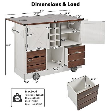 GOMYHOME 54" Farmhouse Kitchen Island Cart w/ Drop Leaf, Barn Door Storage, 9-Bottle Wine Rack & Whe