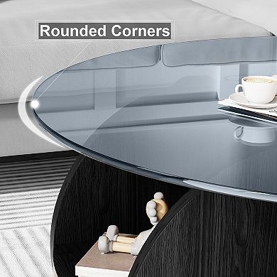 31.5 "Round Coffee Table, Tempered Glass Countertop, MDF Frame, 2-Tier,4 Storage Spaces,for Living R