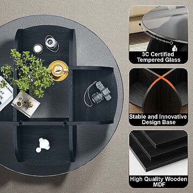 31.5 "Round Coffee Table, Tempered Glass Countertop, MDF Frame, 2-Tier,4 Storage Spaces,for Living R