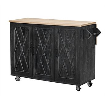 GOMYHOME 51.2" Farmhouse Rolling Kitchen Island Cart with Drop Leaf, X-Door Storage Cabinet