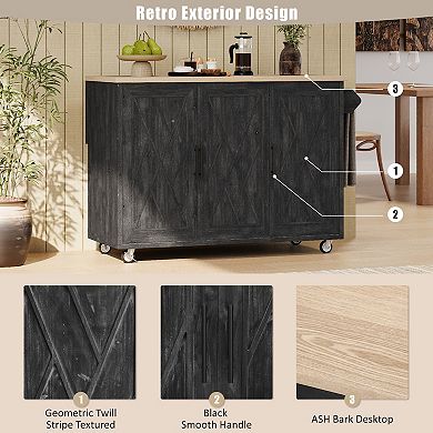 GOMYHOME 51.2" Farmhouse Rolling Kitchen Island Cart with Drop Leaf, X-Door Storage Cabinet