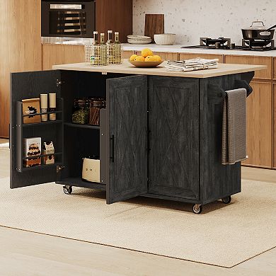 GOMYHOME 51.2" Farmhouse Rolling Kitchen Island Cart with Drop Leaf, X-Door Storage Cabinet