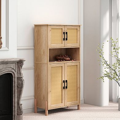 GOMYHOME Mid-Century Modern 4-Door Storage Cabinet with Rattan Doors & Adjustable Shelves