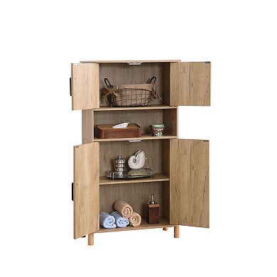 GOMYHOME Mid-Century Modern 4-Door Storage Cabinet with Rattan Doors & Adjustable Shelves