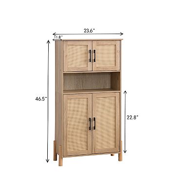 GOMYHOME Mid-Century Modern 4-Door Storage Cabinet with Rattan Doors & Adjustable Shelves