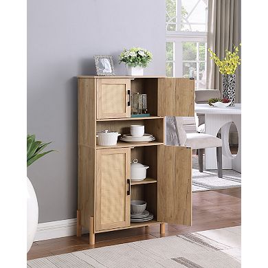 GOMYHOME Mid-Century Modern 4-Door Storage Cabinet with Rattan Doors & Adjustable Shelves